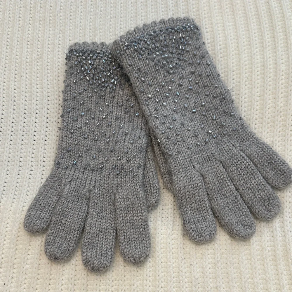 Talbots Gray Rhinestone Knit Gloves, Holiday Gift, NWT